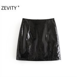 Zevity Autumn Women Vintage Animal Textue Faux Leather A Line Skirt Faldas Mujer Office Ladies Back Zipper Chic Vestido QUN699 210311