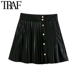 TRAF Women Chic Fashion Pleated Faux Leather Mini Skirt Vintage High Waist Snap Button Female Skirts Mujer 210310