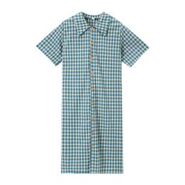 PERHAPS U Women Turn Down Collar Red Green Plaid Mid-calf Midi Dress Button Shirt Dress Short Sleeve Sweet D1598 210529