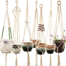 Hanging Baskets Macrame Handmade Plant Hanger Flower /pot hanger For Indoor Outdoor Boho Home Decoration Countyard Garden With Wood Beads