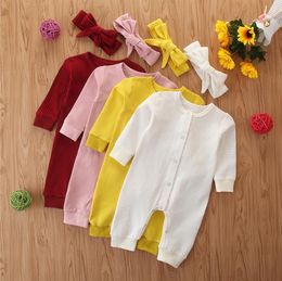 Baby Girl Clothes Single Button Newborn Jumpsuits Solid Infant Girls Romper Headband 2pcs Set Long Sleeve Toddler Outfits 4 Colour BT4744