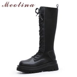 Meotina Genuine Leather Women Boots High Heel Mid Calf Boots Platform Chunky Heel Shoes Lace Up Female Boots Autumn Winter Black 210608