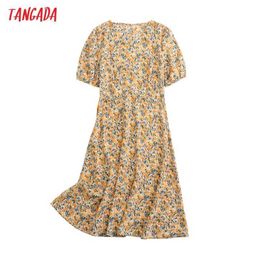 Tangada Summer Women Yellow Flowers Print French Style Midi Dress Puff Short Sleeve Ladies Sundress 6L49 210609