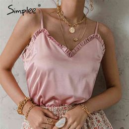 V-neck Sexy Satin ruffle Female Tanks Pink Loose Basic Sleeveless Office Lady Camis Fashion Women's Summer Sling Top 210625