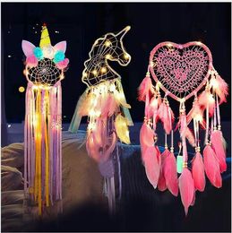 Dreamcatcher Dream LED Light Girlish Heart Fashion Feather Dream Catcher Pendant Wall Hanging Room Decoration Woven Lace WMQ103