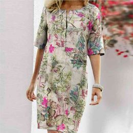 Autumn Cotton Linen Dress Spring Button O-Neck Printing Knee Party Dress Women Long Sleeve Dresses Plus Size 4XL 210630