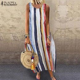 Vintage Striped Sundress ZANZEA Women Summer Dress Sleeveless Cotton Linen Vestido Female Bohemian Beach Dresses Loose Sarafans Y0118