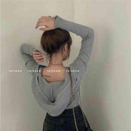 Grey hooded knitted t-shirt women's autumn loose long-sleeved bottoming shirt short inner top 210529
