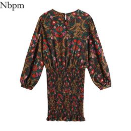 Nbpm Women Sweet Fashion With Vintage Elegant Floral Print Pleated Mini Dress Puff Sleeves Elastic Waist Vestidos Mujer 210529