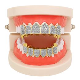 Hip Hop Rock Iced Out Zircon Fang Mouth Teeth Grillz Caps Top & Bottom Grill Set Men Women Vampire Grills Body Jewellery