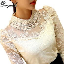 Dingaozlz elegant long sleeve bodysuit beaded Women lace blouse shirts crochet tops blusas Mesh Chiffon blouse female clothing 210302