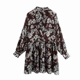 Autumn Women Chiffon printing Laminated Long sleeve Female Casual mini dress 210531