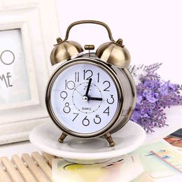 Retro Mini 3inch Metal Alarm Clock Night Light Silent Pointer Clocks Double Bell Desk Table Digital Quartz Clock Home Decoration 211112