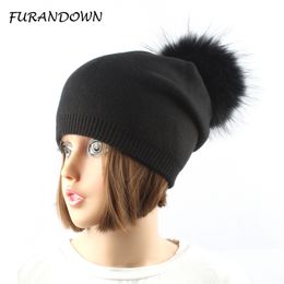 Women winter wool knitted hats pompom beanie natural fur pompons solid color causal cap 211119
