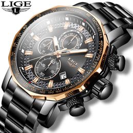 LIGE Mens Watches Top Brand Luxury Sport Quartz All Steel Male Clock Military Waterproof Chronograph Relogio Masculino 210527