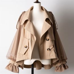[EWQ] Double Breasted Lapel Mesh Gauze Sleeve Trench Coats Women Autumn Winter Japanese Style Designer Sweet Temperament 210820