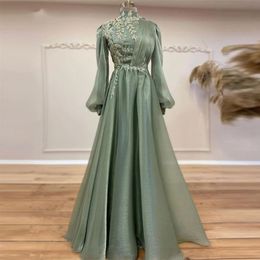 Elegant Muslim A Line Evening Dresses High Collar Full Sleeve Arabic Dubai Formal Party Gowns Ruched Organza Floor Length Maxi Dress