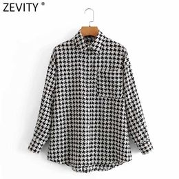Zevity Women Simply Black Houndstooth Print Blouse Ladies Long Sleeve Pocket Shirt Chic Femme Breasted Blusas Tops LS7498 210603