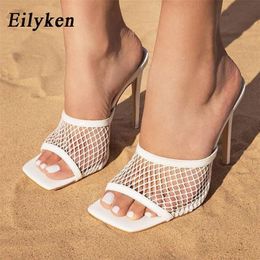 Eilyken New Sexy PU Square head Peep Toe High Heel Mesh Slippers Summer Fashion Slip On Thin Heels Slides Women Mules Party 210310