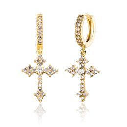 Iced Out Stud Baguette Zircon Cross Drop Dangle Huggie Hinged Studs Earring Hip Hop Rock Jewelry For Men Women