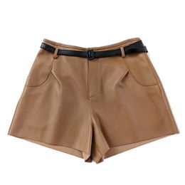 Women's Shorts Loose Soft Sheepskin Leather Women Wide Leg Natural High Waist 2021 Autumn Female Short Pants Femme Pantal