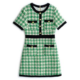 PERHAPS U Green Black Knitted O-neck Houndstooth Button Short Sleeve Empire Plaid Mini Dress Summer D2585 210529