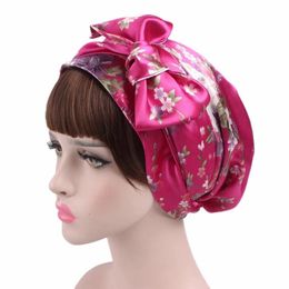 Fashion print Bow Inner Hjiabs soft satin beanie flowers muslim turban for women headdress head scarf ready to wear hijab bonnet