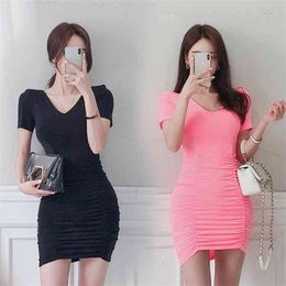 Sexy Ladies Mini Dress for women Summer Pink Short Sleeve V neck polyester ladies korea Club bodycon Dresses 210602