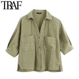 TRAF Women Fashion With Pockets Loose Linen Blouses Vintage Short Sleeve Side Vents Female Shirts Chic Tops 210721