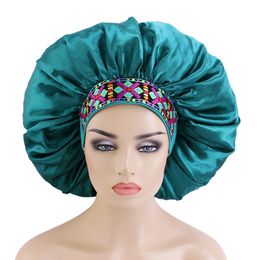 2021 Newly Women Large Size Satin Solid Sleeping Hat Bohemian Pattern Wide Band Bonnet For Curly Springy Hair Night Cap Wholesale