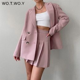 WOTWOY Suits and Pleated Skirts 2 Piece Set Women Spring Autumn Elegant Solid Outfits Sets Female Office Ladies Blazer Suit 220302
