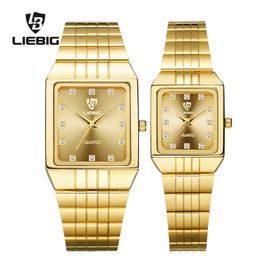 Square Gold Watch Women Men Quartz Wrist Watches Water Resistant Hand Clock Backlight Stainless Steel Male Bracelet 8808 210616