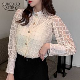 Fashion Stand Collar Mesh Lace Shirt Women French Style Blouse Long Sleeve Button Bottoming Shirt Autumn Clothing 12957 210527