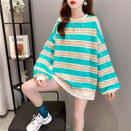 Women's Hoodies & Sweatshirts Autumn Striped Letter Printed Sweatshirt Top Loose Shoulders Long Sleeve Round Neck Pullover Fashion