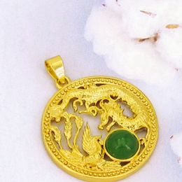 Circle Round Pendant Chain With Dragon Phoenix Pattern Yellow Gold Filled Classic Jewellery