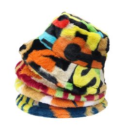 Women winter hat Outdoor Multicolor Rainbow Faux Fur Letter Pattern Bucket Hats Soft Warm Gorros Mujer