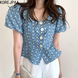 Korejpaa Women Blouses Korea chic retro elegant square collar short single-breasted embroidered bubble sleeve shirt top 210526