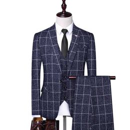 (Jackets+Vest+Pants) 2021 Men plaid business Blazers/Male slim fit pure cotton three-piece suit/Man plaid groom dress S-4XL X0909