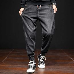 autumn Men Stretch jeans Plus size harem denim pants Loose casual Tie feet Right angle classic trousers Grey black 44 48 210531