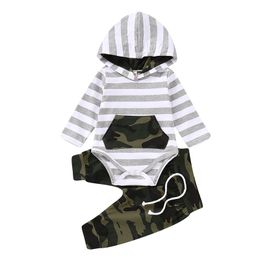 Toddler Baby boys clothes 3pcs Newborn Baby Infant Boys Hoodies Striped Romper Jumpsuit Camouflage Pants Outfits Set 210309