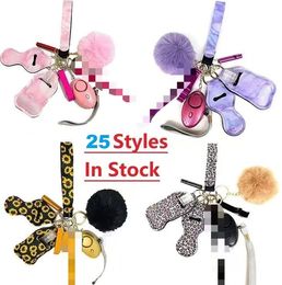 25 Colors 9pcs/Set Self Defense Keychain Set Alarm Pompom Hand Sanitizer Wrist Strap Lipstick Holder Keychains Bottle Opener Woman Men Self-defense Keyring EDC Tool