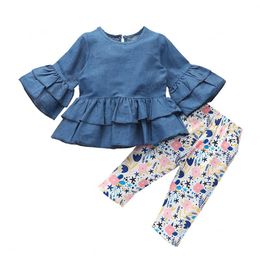 kids clothes girls Floral outfits children ruffle Flare Sleeve Tops+flower print pants 2pcs/sets 2021 Spring Autumn baby Clothing Sets