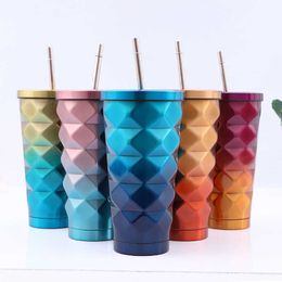 500ML Double Stainless Steel Colour Diamond Thermos Cups With Straw Coffee Drink Cold Thermal Bottles Isothermal Travel Water Mug 210615