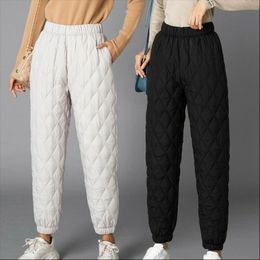 Women Winter Warm Down Cotton Pants Padded Quilted Trousers Elastic Waist Casual Trousers 220309