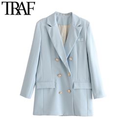 TRAF Women Fashion Office Wear Double Breasted Blazer Coat Vintage Long Sleeve Back Vents Female Outerwear Chic Tops 211006
