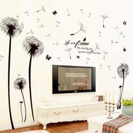 Black Romantic Dandelion PVC Wall Sticker Flower DIY Art Wall Stickers Home Decor Living Room TV Background Sticker Mural 210310