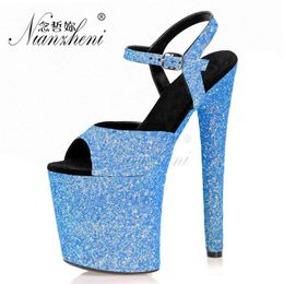 New style Bling Shallow Big Size Women's Sandals 20CM Super High heeled shoes 8 inches Thick platform heels Flash powder Fashion