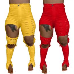 S-4XL Yellow Red Casual Skinny Ripped Jeans for Women Autumn High Waisted Plus Size Denim Pant Streetwear Elastic Hollow Trouser 210629