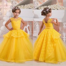 Yellow Lace Flower Girls Dresses Children Sheer Neck Tiers Skirt Peplum Girls Pageant Dress Lace Up Princess Kids Birthday Dress Formal Wear