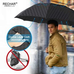 Double Layer 120cm Big Umbrella Rain Women Travel Family Grid Large Paraguas 4Folding 10K Wind Resistant Business Men 210626